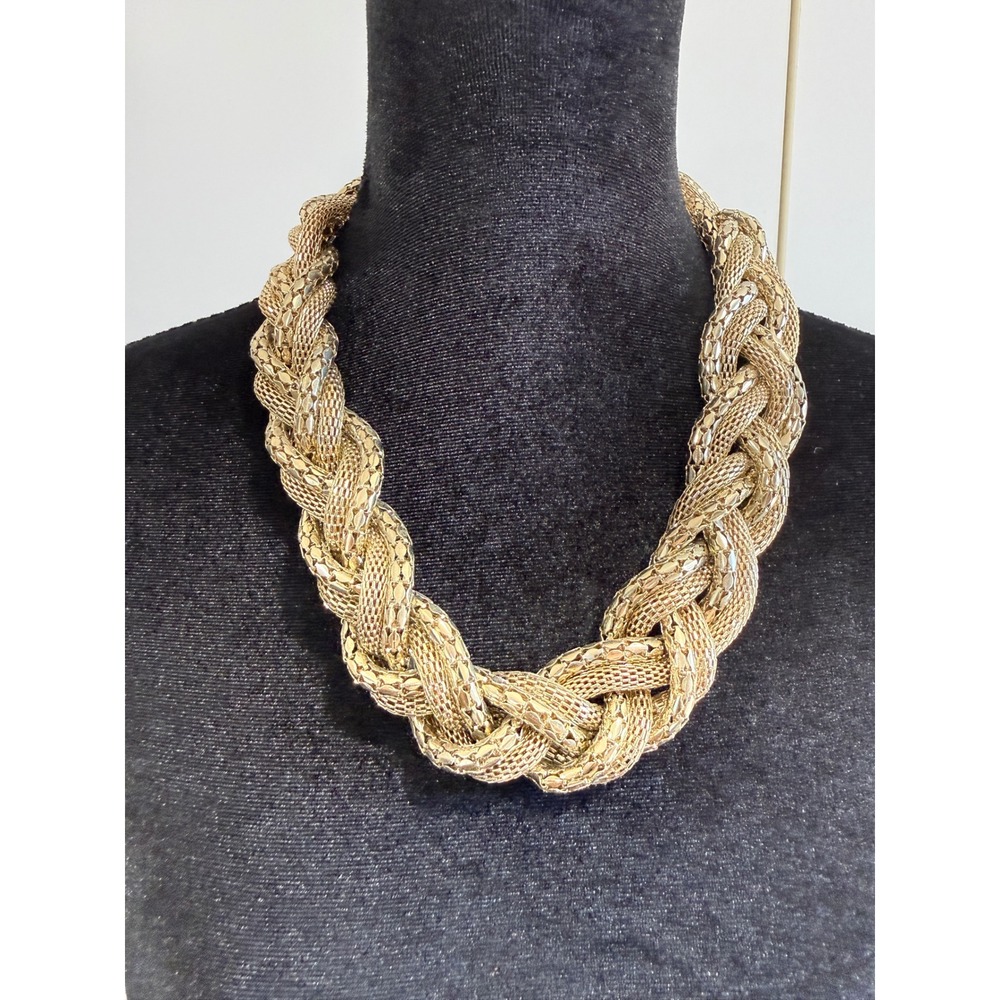 Vintage Gold Tone Chunky Braided Mesh Statement Necklace Collar Chain - Picture 2 of 4